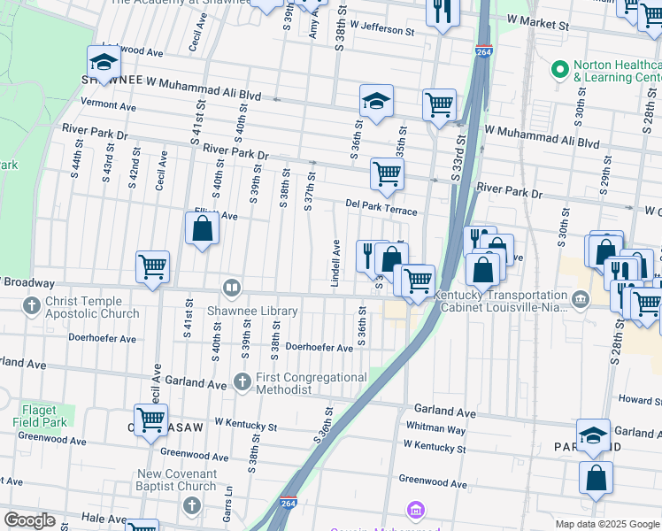 map of restaurants, bars, coffee shops, grocery stores, and more near 657 Lindell Avenue in Louisville