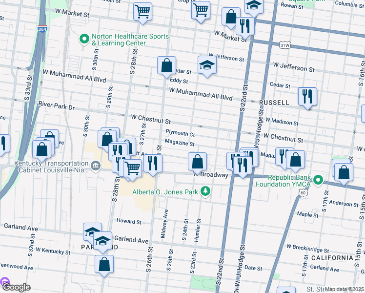 map of restaurants, bars, coffee shops, grocery stores, and more near 2508 Magazine Street in Louisville