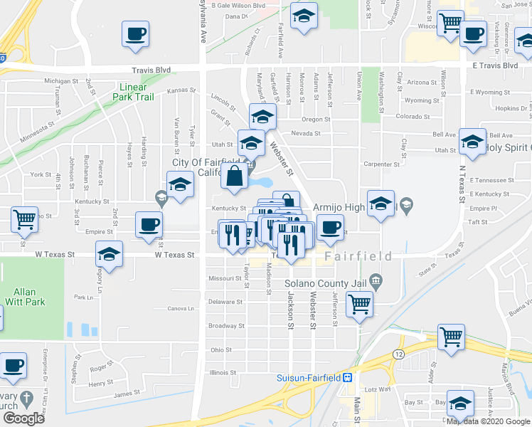 map of restaurants, bars, coffee shops, grocery stores, and more near 835 Madison Street in Fairfield