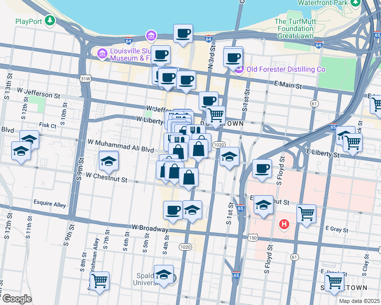 map of restaurants, bars, coffee shops, grocery stores, and more near 315 West Muhammad Ali Boulevard in Louisville