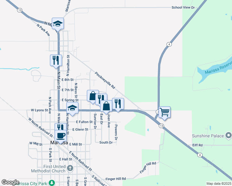 map of restaurants, bars, coffee shops, grocery stores, and more near 624 Pinckneyville Road in Marissa