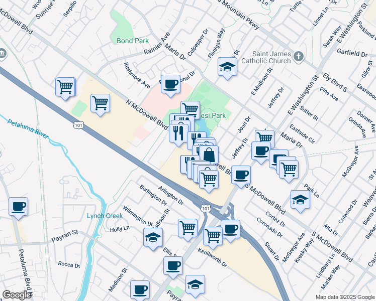 map of restaurants, bars, coffee shops, grocery stores, and more near 261 North McDowell Boulevard in Petaluma