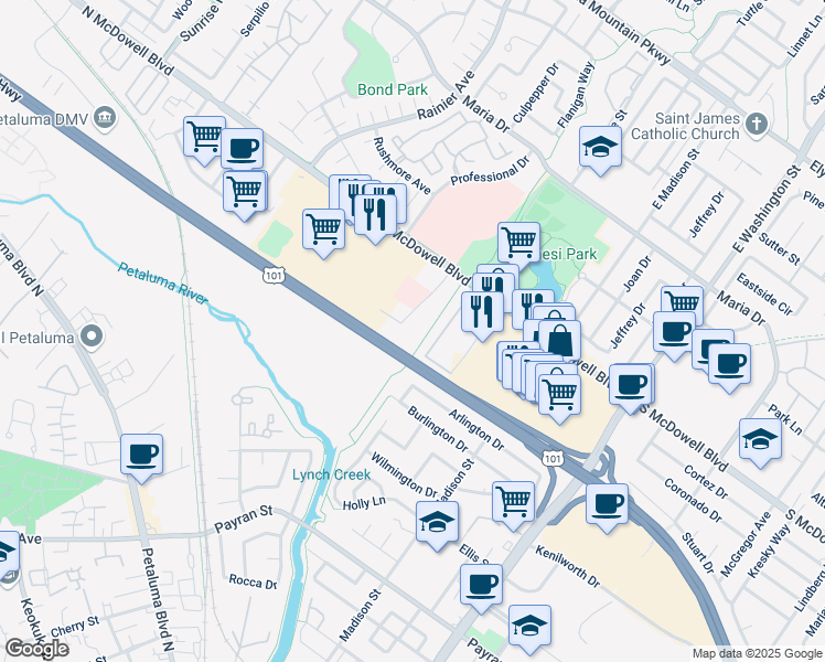 map of restaurants, bars, coffee shops, grocery stores, and more near 157 Lynch Creek Way in Petaluma