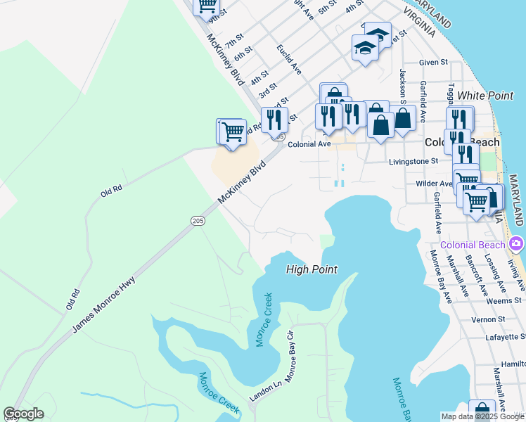 map of restaurants, bars, coffee shops, grocery stores, and more near 701 Monroe Point Drive in Colonial Beach
