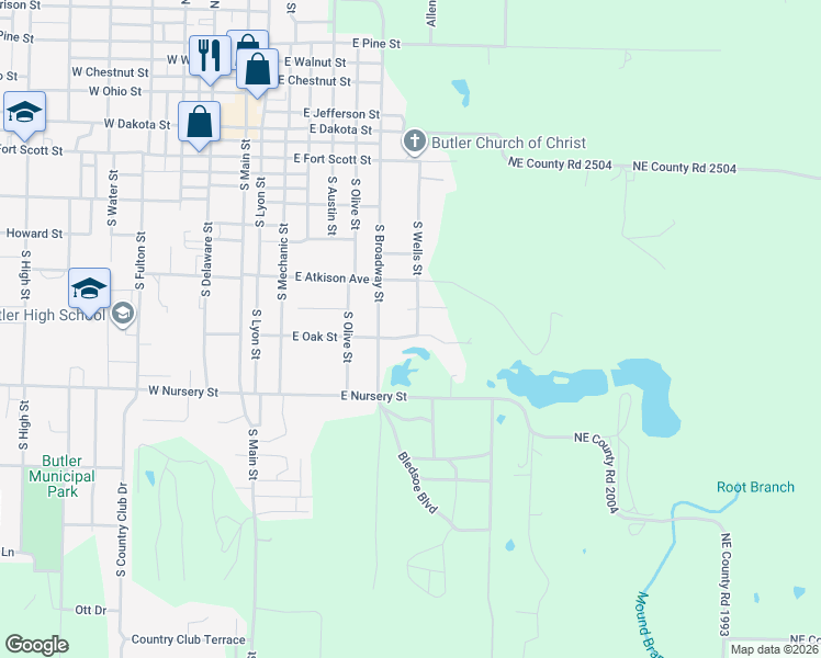 map of restaurants, bars, coffee shops, grocery stores, and more near 602 East Oak Street in Butler