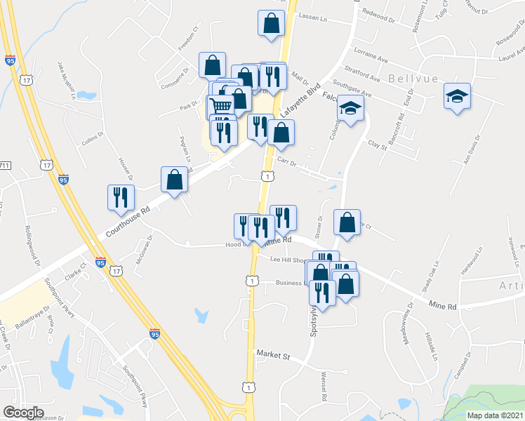 map of restaurants, bars, coffee shops, grocery stores, and more near 5228 Jefferson Davis Hwy in Fredericksburg