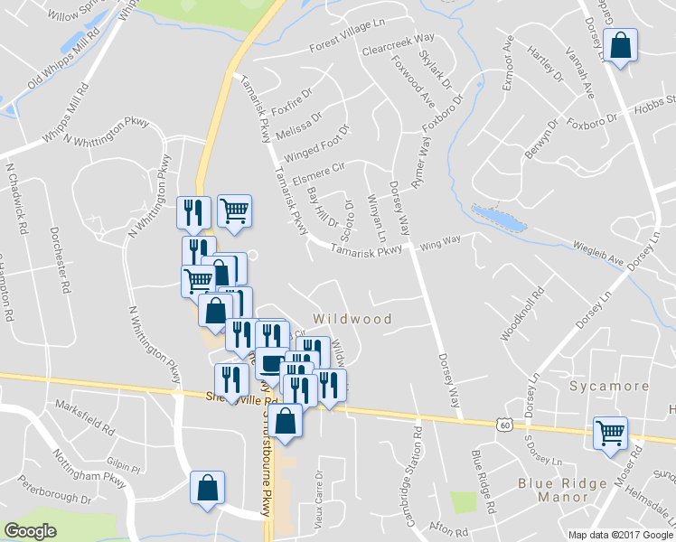 map of restaurants, bars, coffee shops, grocery stores, and more near 139 Tanglewood Trail in Louisville