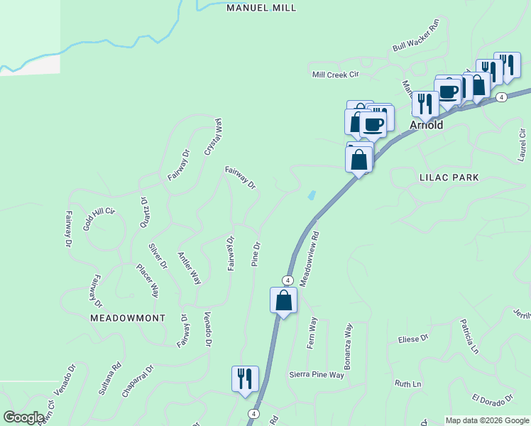 map of restaurants, bars, coffee shops, grocery stores, and more near 1796 Fairway Drive in Arnold