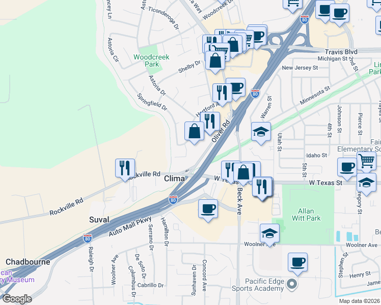 map of restaurants, bars, coffee shops, grocery stores, and more near 1009 Oliver Road in Fairfield