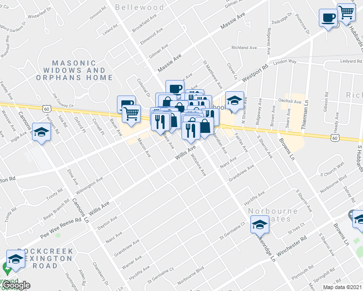map of restaurants, bars, coffee shops, grocery stores, and more near 112 Wiltshire Avenue in Louisville