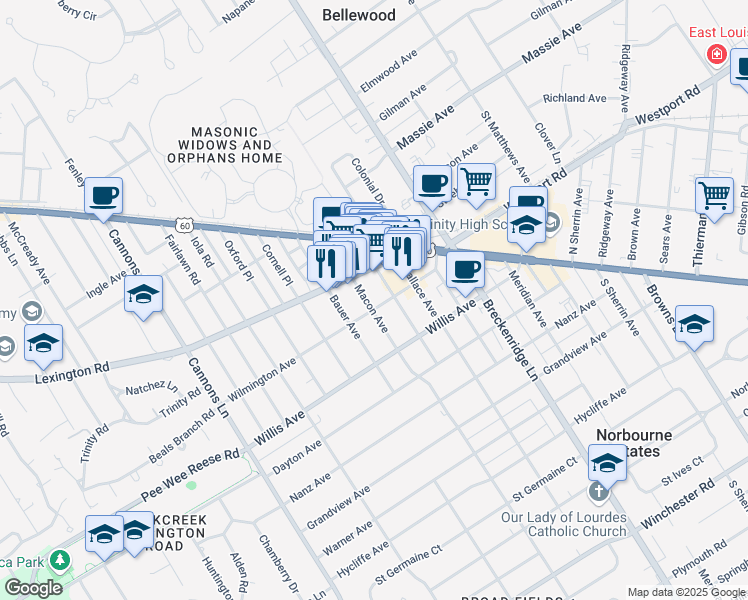 map of restaurants, bars, coffee shops, grocery stores, and more near 317 Macon Avenue in Louisville