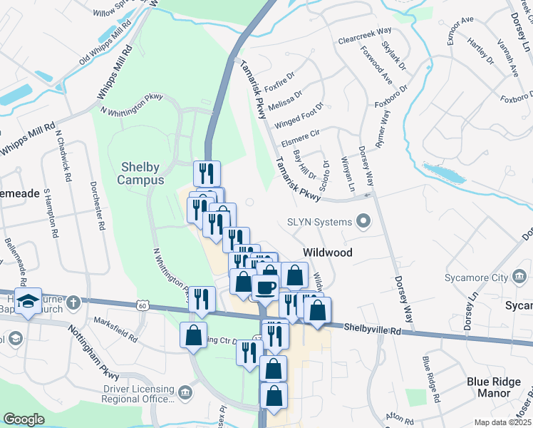 map of restaurants, bars, coffee shops, grocery stores, and more near 303 North Hurstbourne Parkway in Louisville