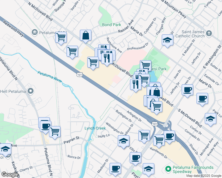 map of restaurants, bars, coffee shops, grocery stores, and more near 191 Lynch Creek Way in Petaluma