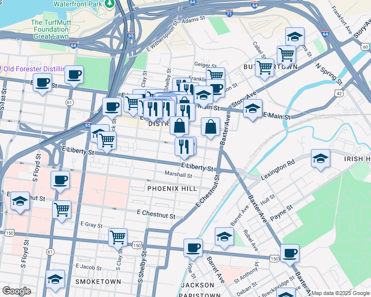 map of restaurants, bars, coffee shops, grocery stores, and more near 911 East Jefferson Street in Louisville