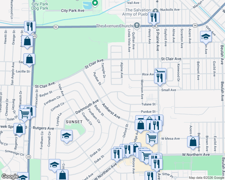 map of restaurants, bars, coffee shops, grocery stores, and more near 35 Dartmouth Avenue in Pueblo