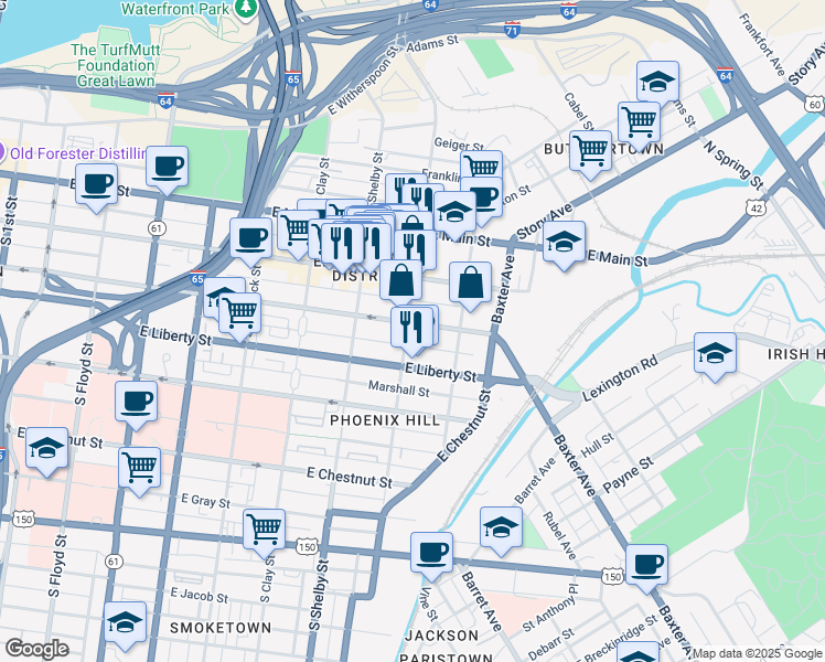 map of restaurants, bars, coffee shops, grocery stores, and more near 911 East Jefferson Street in Louisville