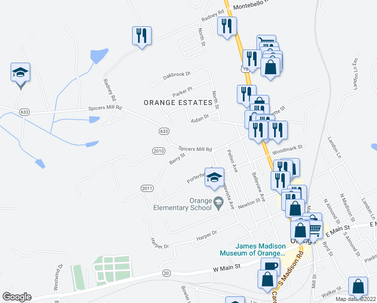 map of restaurants, bars, coffee shops, grocery stores, and more near 101-499 Berry Street in Orange