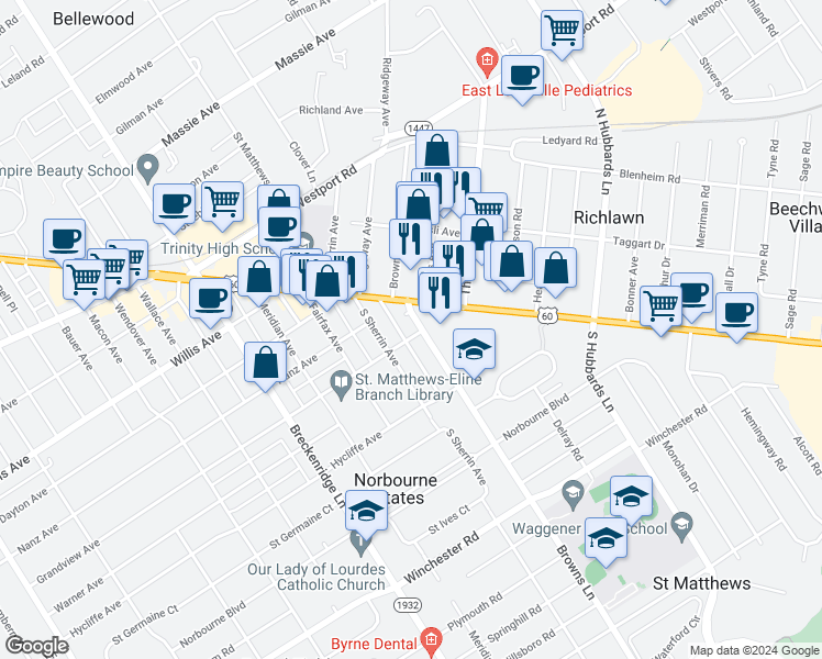 map of restaurants, bars, coffee shops, grocery stores, and more near 112 Browns Lane in Louisville