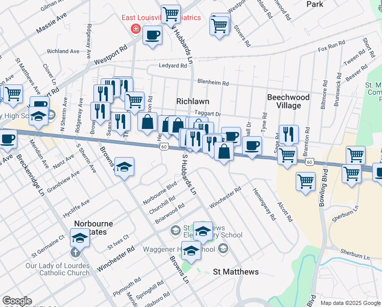 map of restaurants, bars, coffee shops, grocery stores, and more near 4204 Shelbyville Road in Saint Matthews
