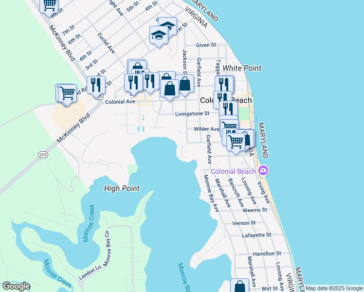 map of restaurants, bars, coffee shops, grocery stores, and more near 124 Lynnhaven Court in Colonial Beach
