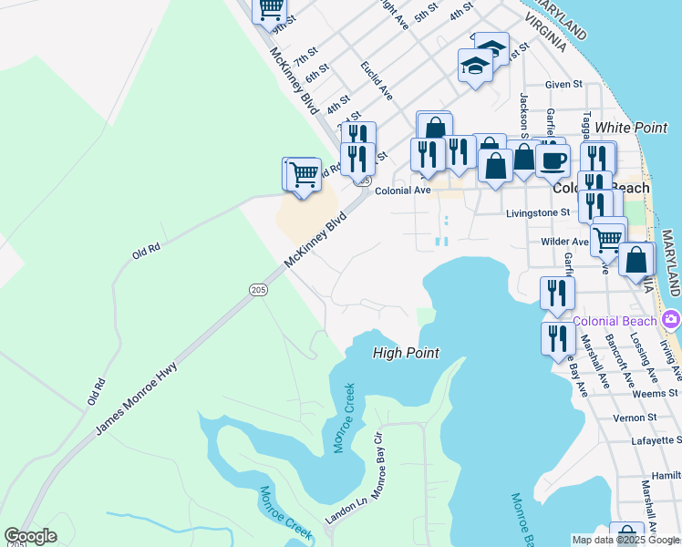 map of restaurants, bars, coffee shops, grocery stores, and more near Monroe Point Drive in Colonial Beach