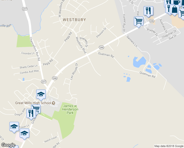 map of restaurants, bars, coffee shops, grocery stores, and more near 21276 Mayfaire Lane in Lexington Park