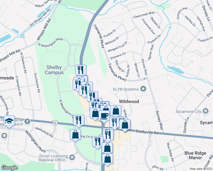 map of restaurants, bars, coffee shops, grocery stores, and more near 303 North Hurstbourne Parkway in Louisville