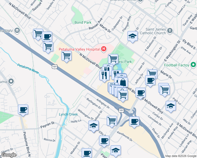 map of restaurants, bars, coffee shops, grocery stores, and more near 333 North McDowell Boulevard in Petaluma