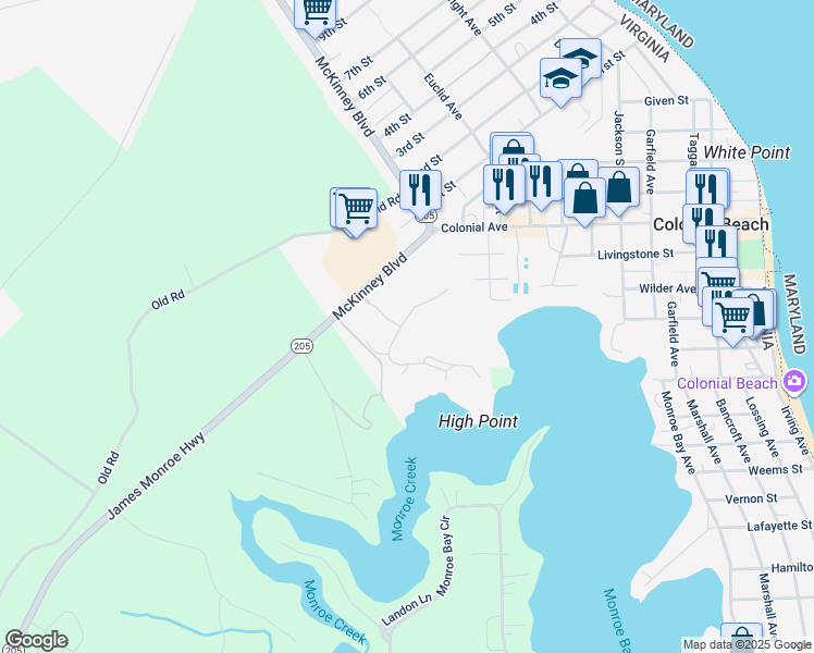 map of restaurants, bars, coffee shops, grocery stores, and more near 707 Monroe Point Drive in Colonial Beach