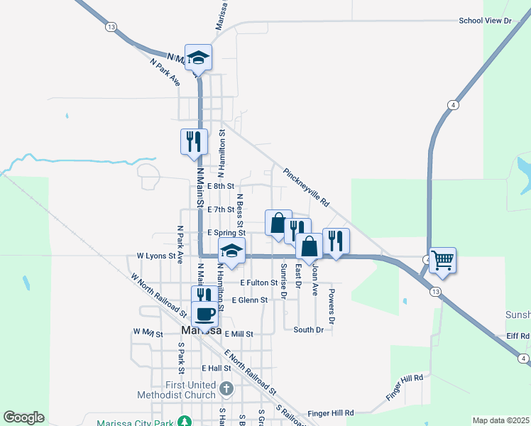 map of restaurants, bars, coffee shops, grocery stores, and more near 1 East Frederick Street in Marissa