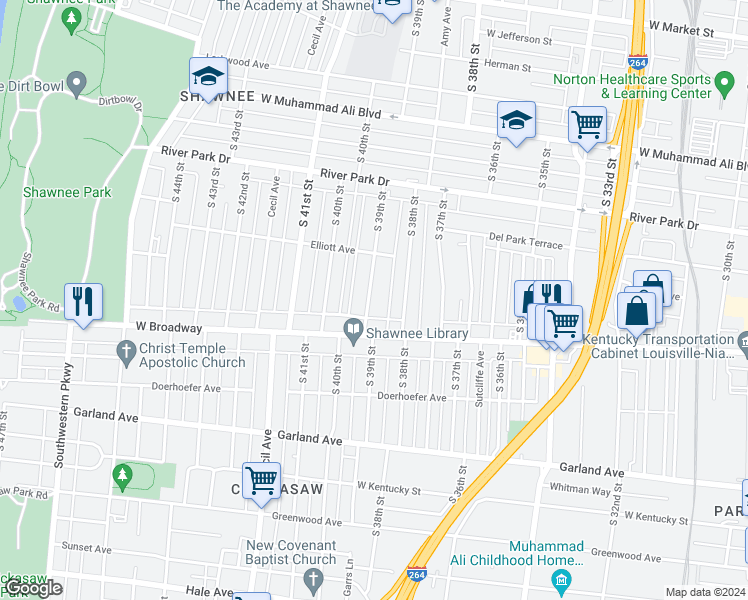 map of restaurants, bars, coffee shops, grocery stores, and more near 677 South 39th Street in Louisville