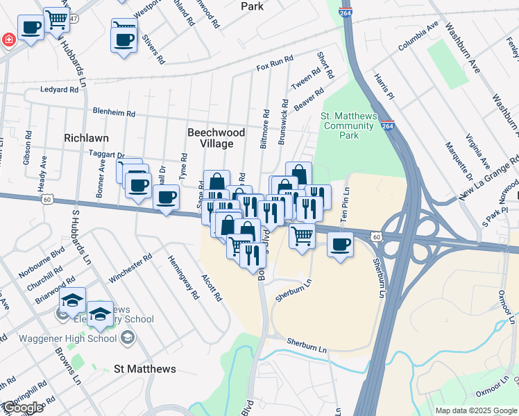 map of restaurants, bars, coffee shops, grocery stores, and more near 4517 Shelbyville Road in Louisville
