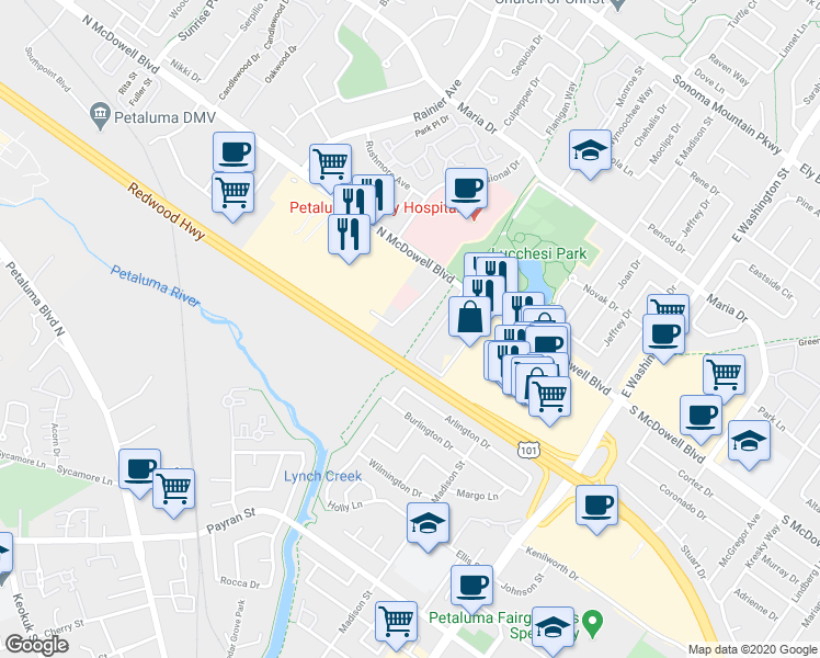 map of restaurants, bars, coffee shops, grocery stores, and more near 157 Lynch Creek Way in Petaluma