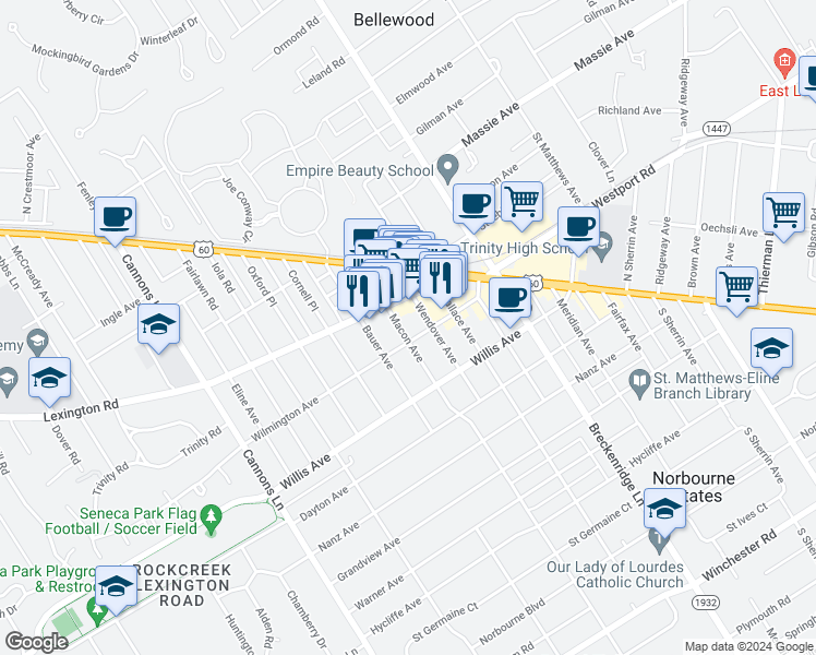 map of restaurants, bars, coffee shops, grocery stores, and more near 317 Macon Avenue in Louisville