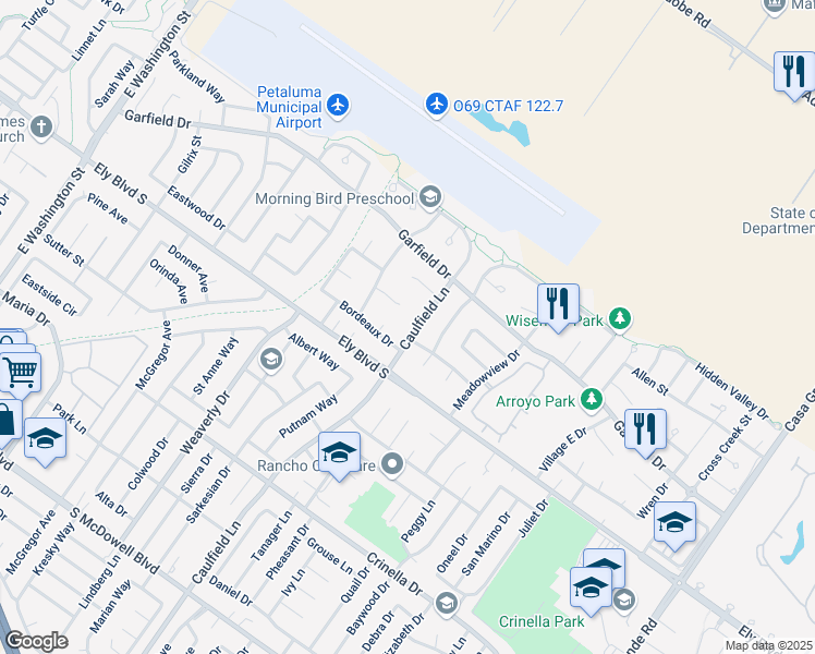 map of restaurants, bars, coffee shops, grocery stores, and more near 6 Bordeaux Court in Petaluma