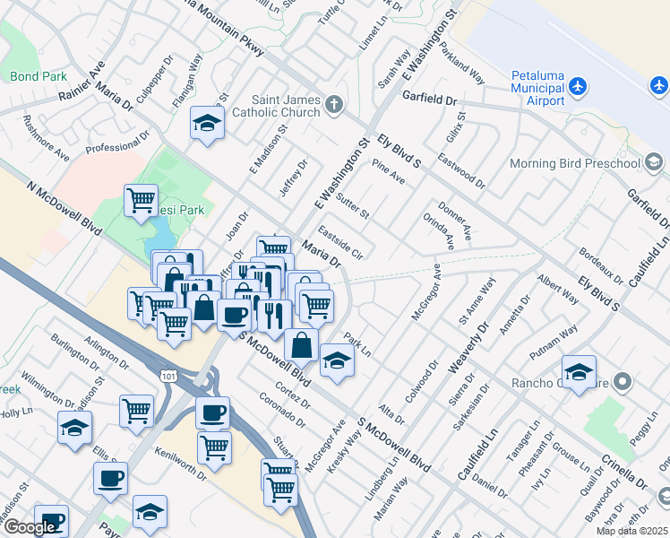 map of restaurants, bars, coffee shops, grocery stores, and more near 56 Maria Drive in Petaluma
