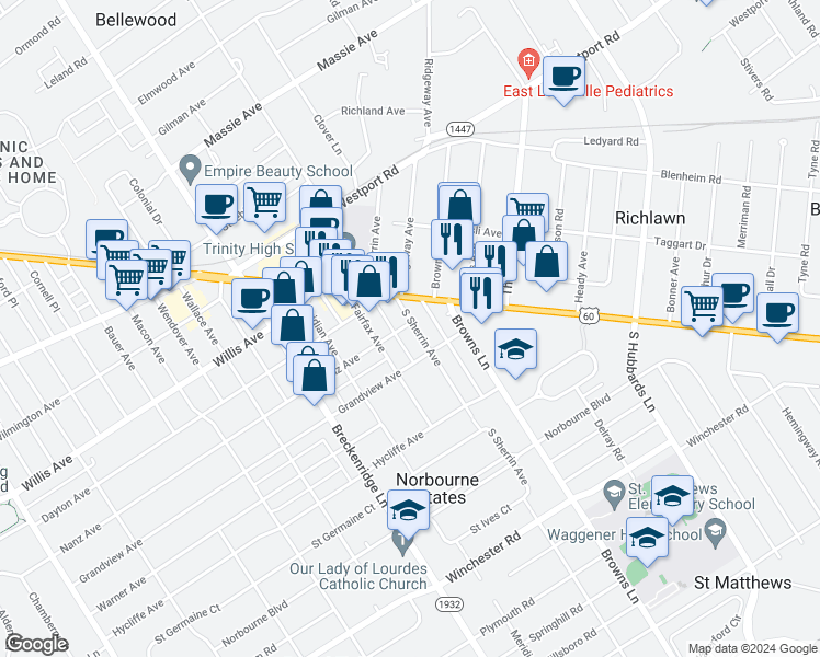 map of restaurants, bars, coffee shops, grocery stores, and more near 115 South Sherrin Avenue in Louisville