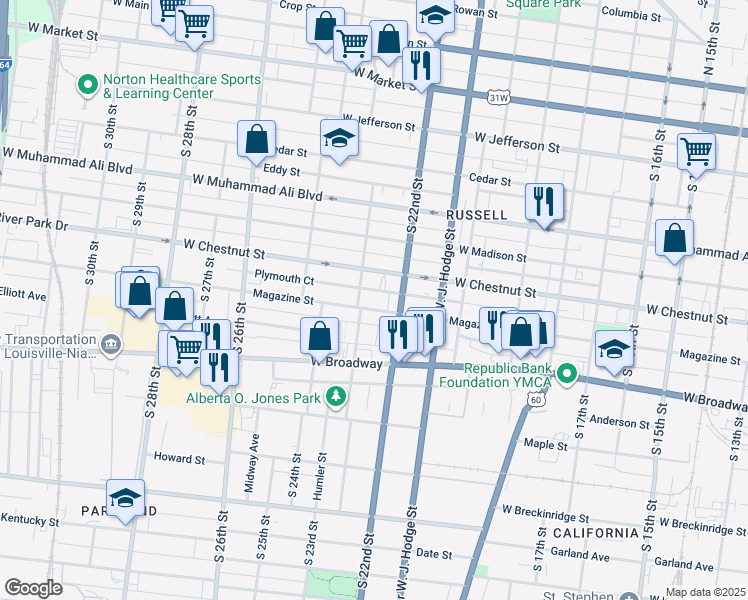 map of restaurants, bars, coffee shops, grocery stores, and more near 2223 Magazine Street in Louisville