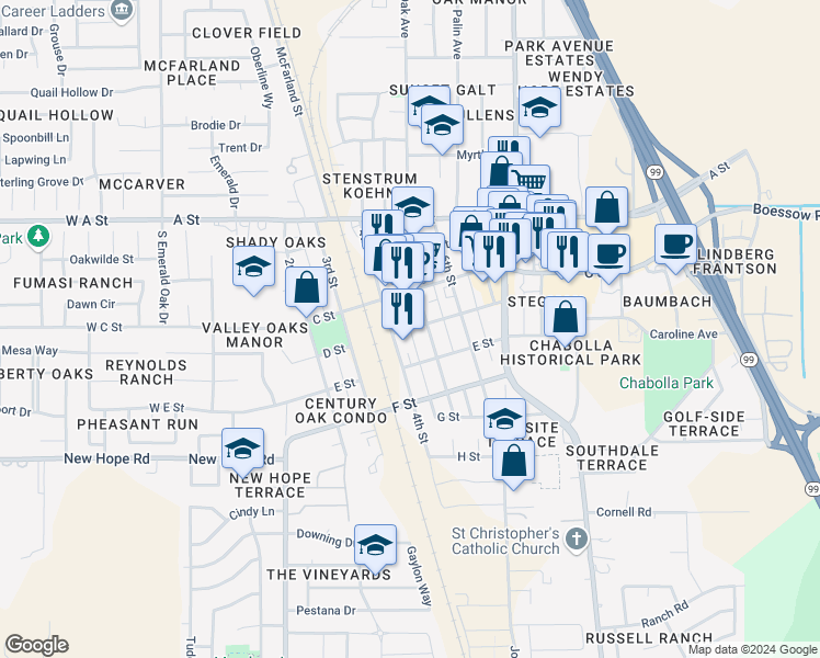 map of restaurants, bars, coffee shops, grocery stores, and more near 451 D Street in Galt