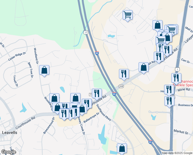 map of restaurants, bars, coffee shops, grocery stores, and more near 5105 Phyllis Lane in Fredericksburg