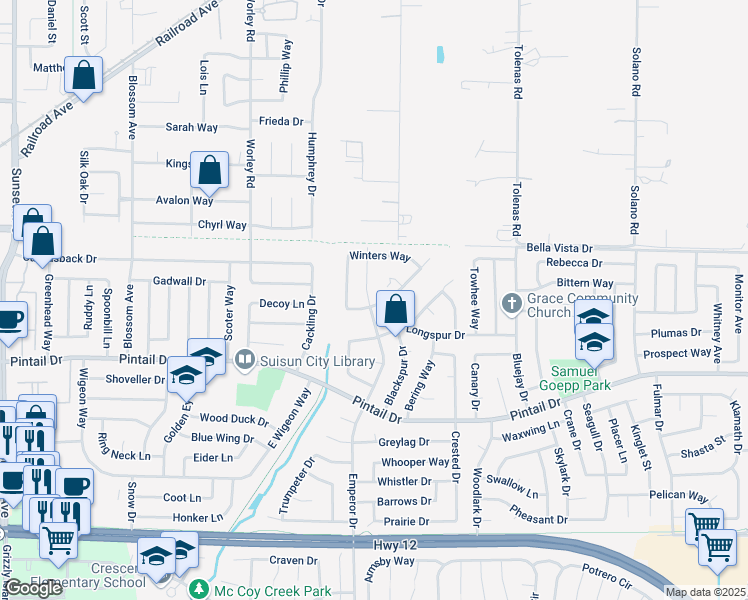 map of restaurants, bars, coffee shops, grocery stores, and more near 655 Westwind Way in Suisun City