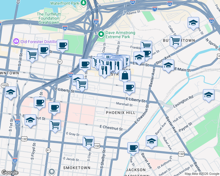 map of restaurants, bars, coffee shops, grocery stores, and more near 300 South Shelby Street in Louisville