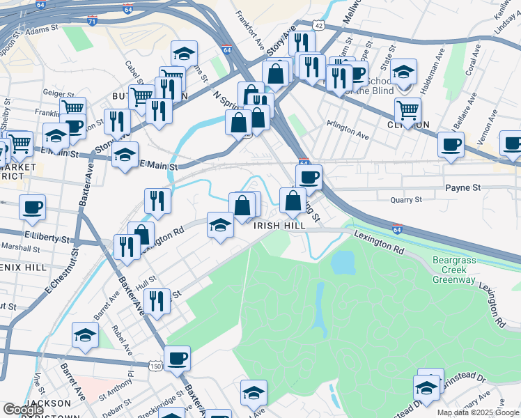 map of restaurants, bars, coffee shops, grocery stores, and more near 301 Axis Drive in Louisville