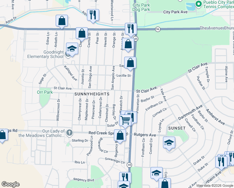 map of restaurants, bars, coffee shops, grocery stores, and more near 4 Barclay Drive in Pueblo