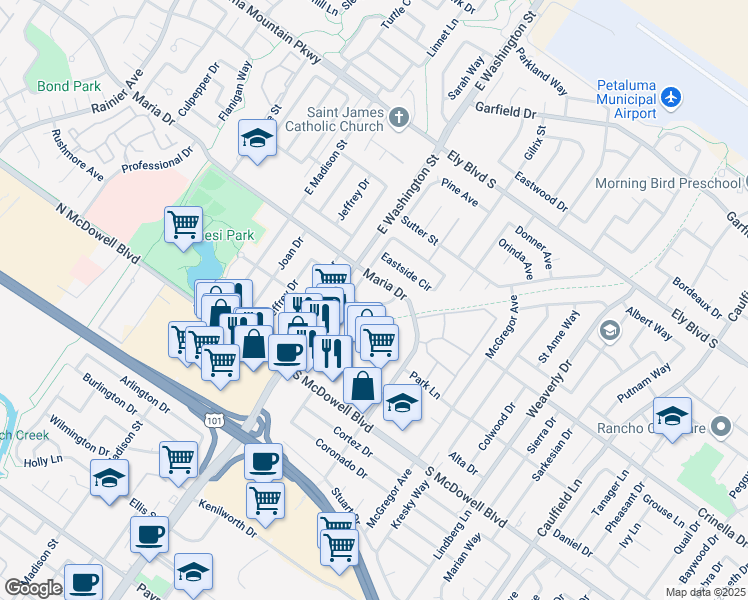 map of restaurants, bars, coffee shops, grocery stores, and more near 1570 Creekside Drive in Petaluma