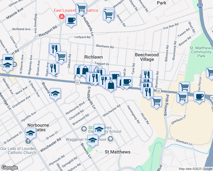 map of restaurants, bars, coffee shops, grocery stores, and more near Shelbyville Road in Louisville
