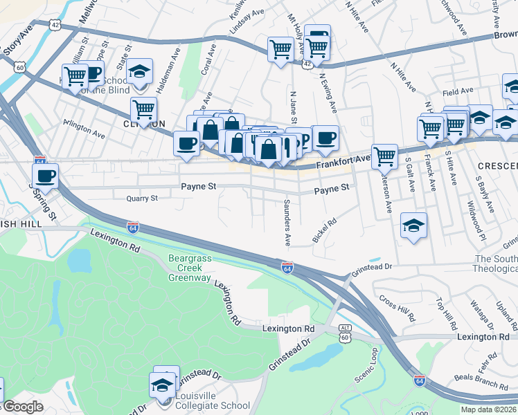 map of restaurants, bars, coffee shops, grocery stores, and more near 222 Albany Avenue in Louisville