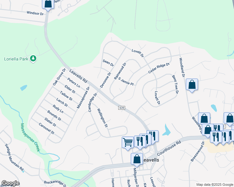 map of restaurants, bars, coffee shops, grocery stores, and more near 5513 Leavells Crossing Drive in Fredericksburg