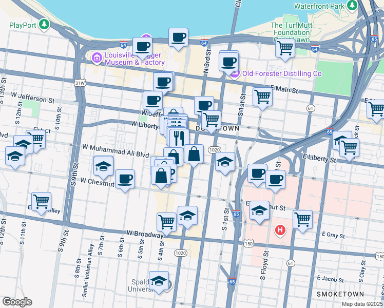 map of restaurants, bars, coffee shops, grocery stores, and more near 315 West Muhammad Ali Boulevard in Louisville