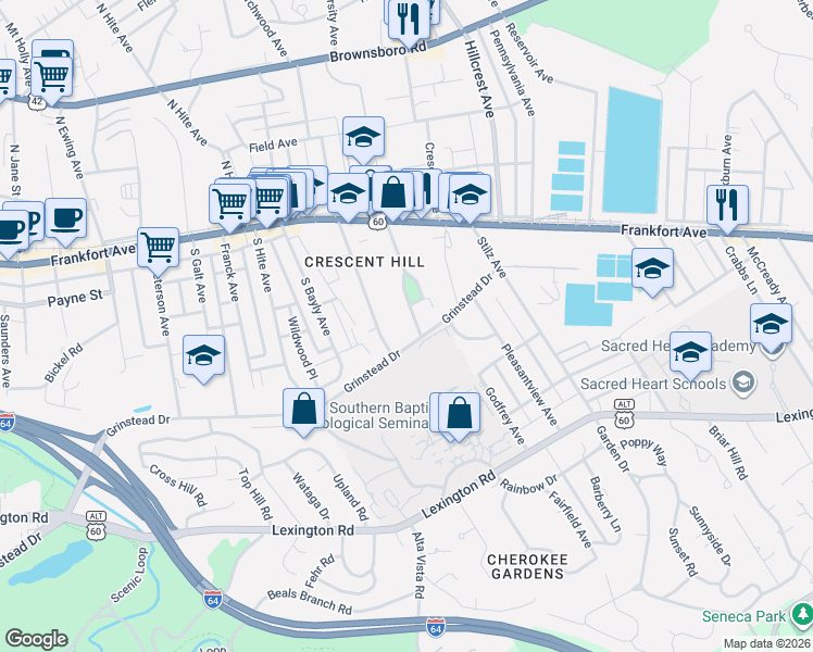 map of restaurants, bars, coffee shops, grocery stores, and more near 2825 Grinstead Drive in Louisville